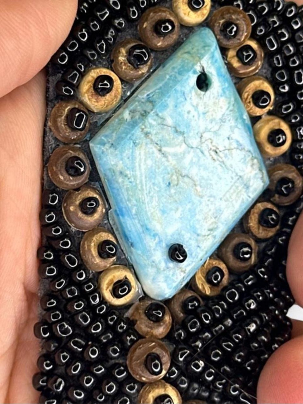 Vintage Hand-Beaded Black Belt with Turquoise Tile Accents - Picture 6 of 7
